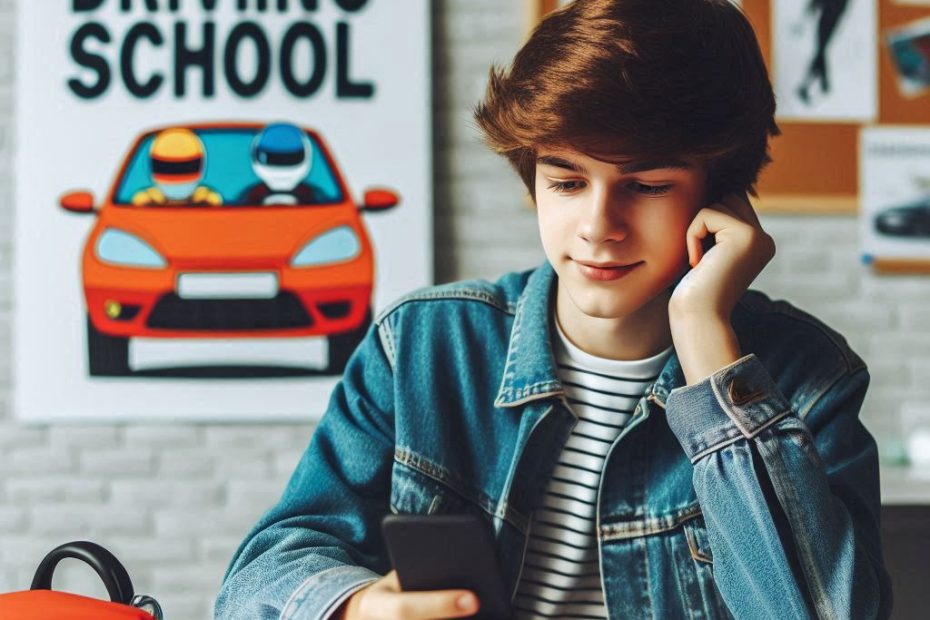 kursant w szkole jazdy siedzący przy biurku z telefonem w ręku.